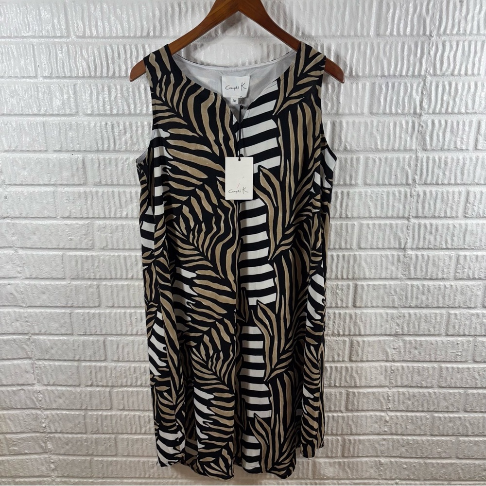 Compli K Shift Dress Medium NWT Mixed Palm Leaf Stripe Print V-Neck Sleeveless